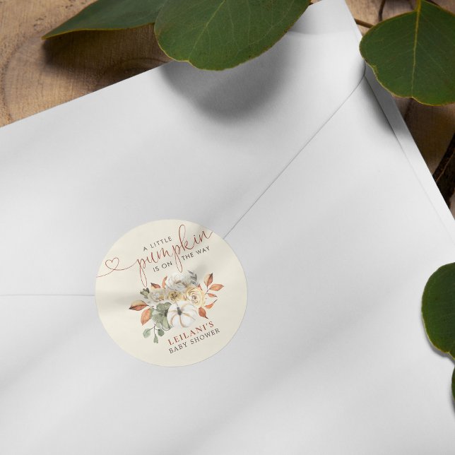 Little Pumpkin Rustic Floral Baby Shower Classic Round Sticker (A little pumpkin fall floral rustic baby shower sticker is perfect way to celebrate the mom to be.)