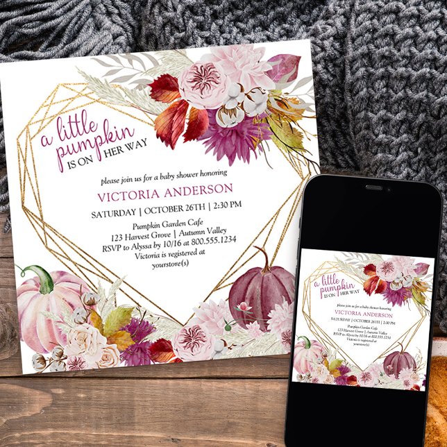 Little Pumpkin Rustic Floral Baby Shower Invitation (Little Pumpkin Baby Shower with gold heart frame and fall flowers from my Little Pumpkin collection
)