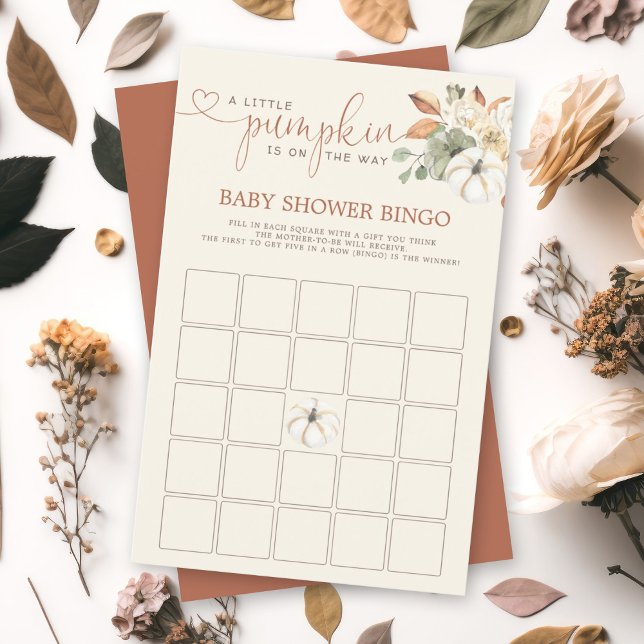 Little Pumpkin Rustic Floral Bingo Shower Games (A soon-to-be mom will love this watercolor autumn pumpkin floral design bingo baby shower card.)