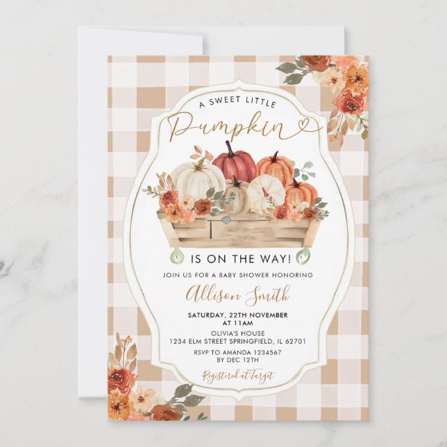 Little Pumpkin Rustic Floral Gingham Baby Shower Invitation (Front)