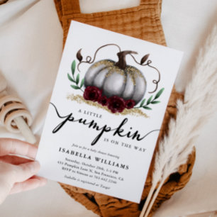 Little Pumpkin Rustic White Gold Baby Shower Invitation