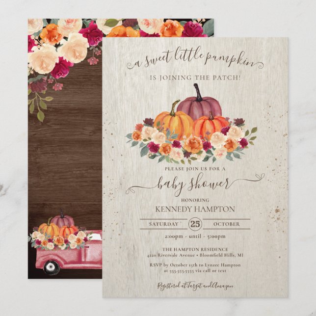 Little Pumpkin Rustic Wood Autumn Baby Shower Invitation (Front/Back)