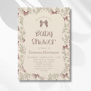 Little Pumpkin Sage Leaves Bow Baby Shower Invitation