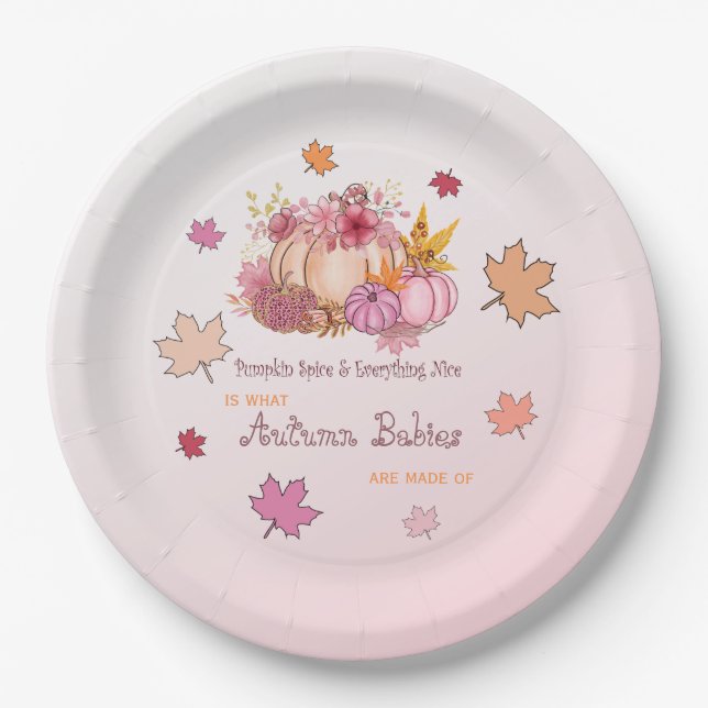 Little Pumpkin Spice & Nice Fall Leaves Pink Baby  Paper Plate (Front)