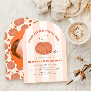 Little Pumpkin Stripes Girl Photo 1st Birthday Invitation