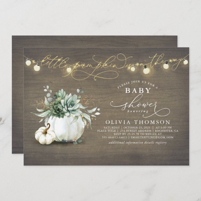 Little Pumpkin Succulents Rustic Fall Baby Shower  Invitation (Front/Back)