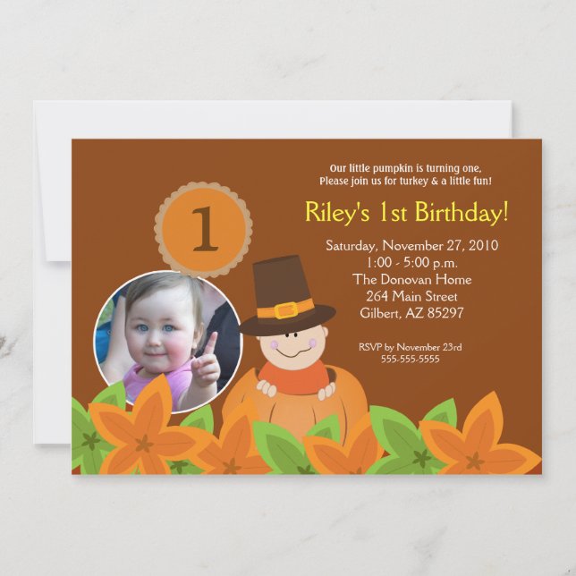 Little Pumpkin Thanksgiving 5x7 Photo Birthday Invitation (Front)