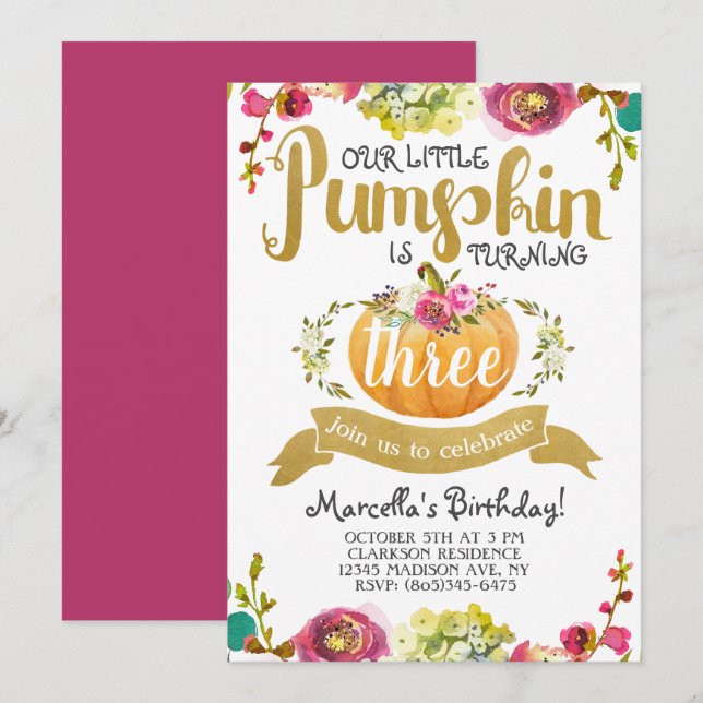 Little Pumpkin Third Birthday Invitation (Front/Back)