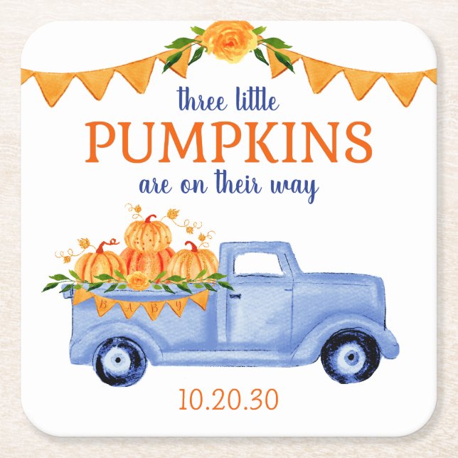 Little Pumpkin Triplet Boy Baby Shower Square Paper Coaster (Front)