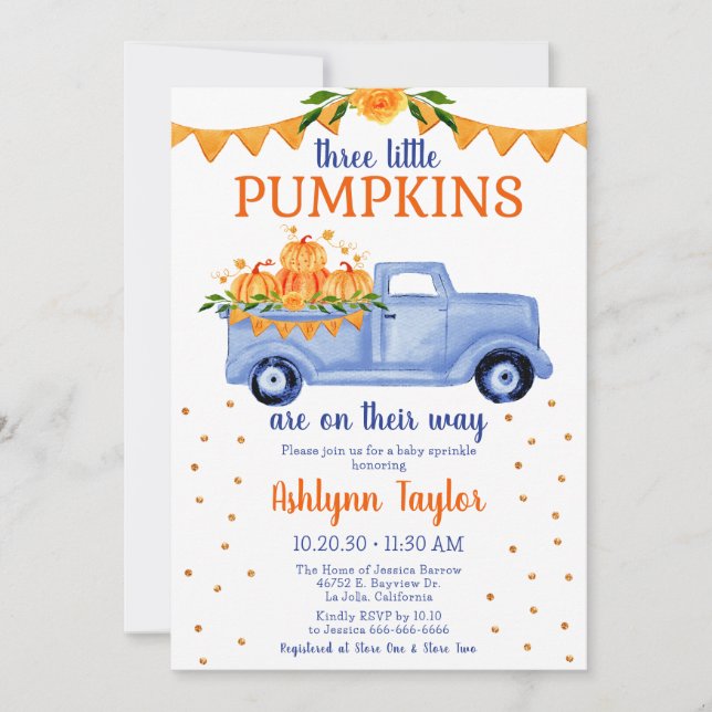 Little Pumpkin Triplet Boy Baby Sprinkle Invitation (Front)
