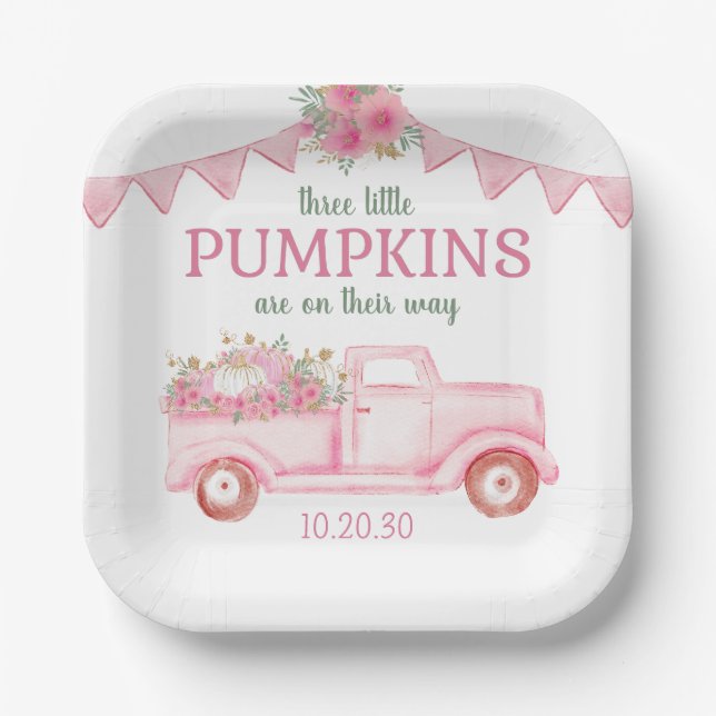 Little Pumpkin Triplet Girl Baby Shower Paper Plate (Front)
