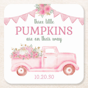 Little Pumpkin Triplet Girl Baby Shower Square Paper Coaster