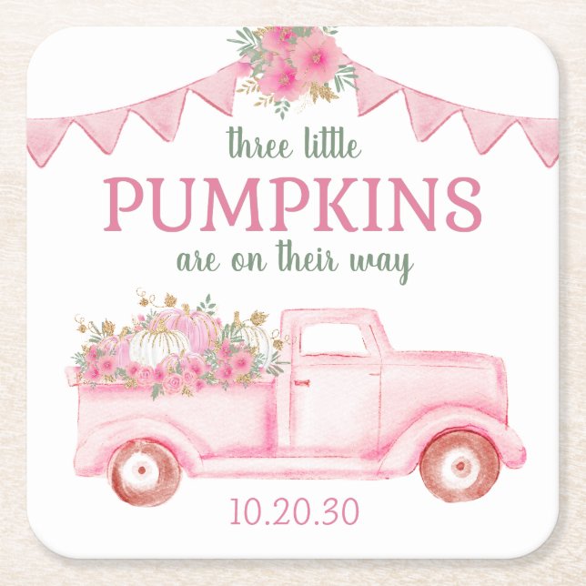 Little Pumpkin Triplet Girl Baby Shower Square Paper Coaster (Front)