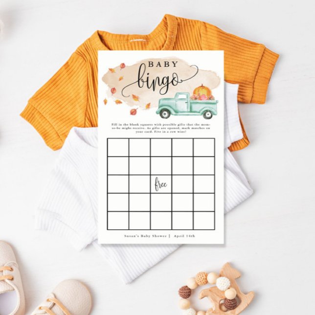 Little Pumpkin Truck Baby Bingo Paper Game Card (Have some fun at your shower with a game of baby gift bingo!)