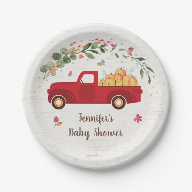 Little Pumpkin Truck Baby Shower Paper Plate (Front)