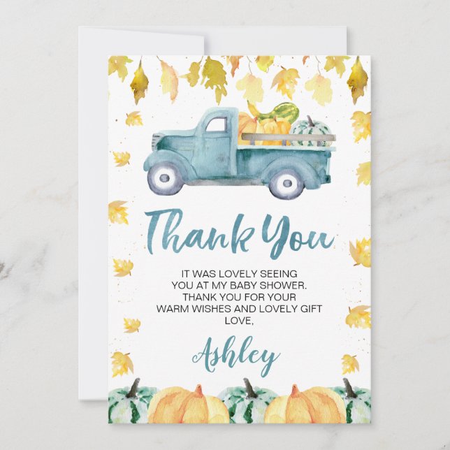 Little Pumpkin Truck Baby Shower Thank You Card (Front)