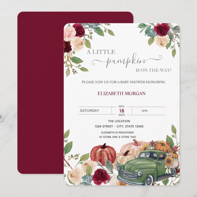 Little Pumpkin Truck Burgundy Flowers Baby Shower  Invitation (Front/Back)