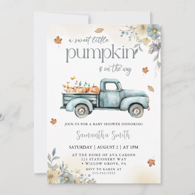Little pumpkin Truck fall autumn baby shower Invitation (Front)