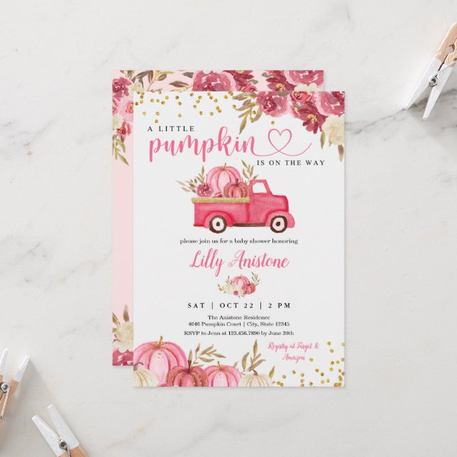 Little Pumpkin Truck Fall Baby Girl Shower Invitation (Front/Back In Situ)