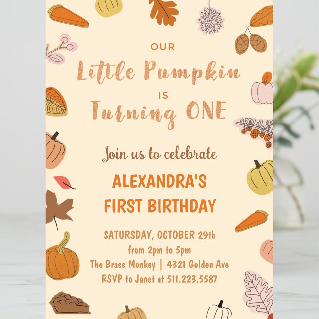 Little Pumpkin Turning One Halloween 1st Birthday  Invitation (Halloween-1st-Birthday-Invitation-little-pumpkin-turning-one-1)