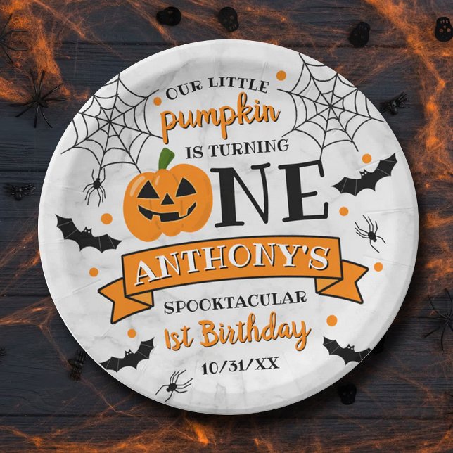 Little Pumpkin Turning One Halloween 1st Birthday Paper Plate (Creator Uploaded)