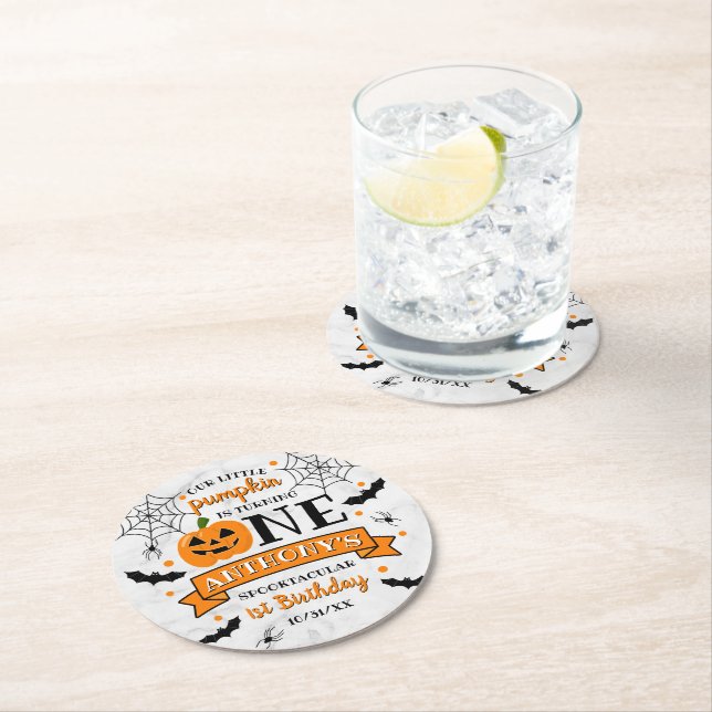 Little Pumpkin Turning One Halloween 1st Birthday Round Paper Coaster (Insitu)