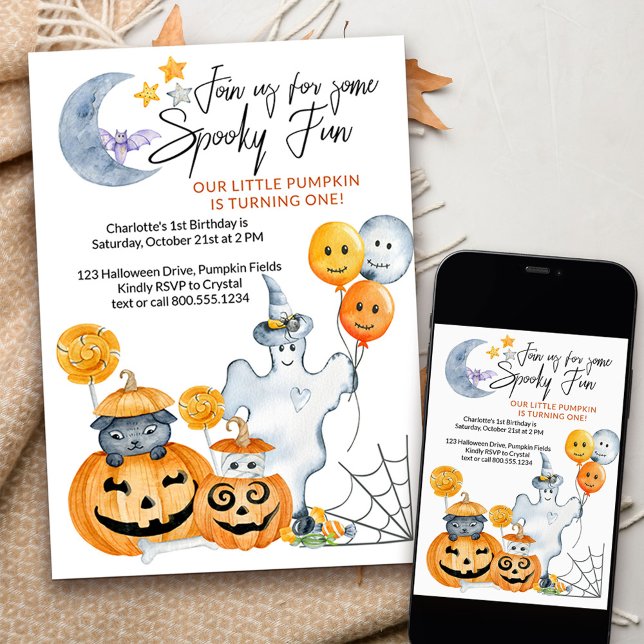 Little Pumpkin Turning One Spooky Fun 1st Birthday Invitation (Cute spooky fun 1st birthday invitation for little pumpkin turning one!)
