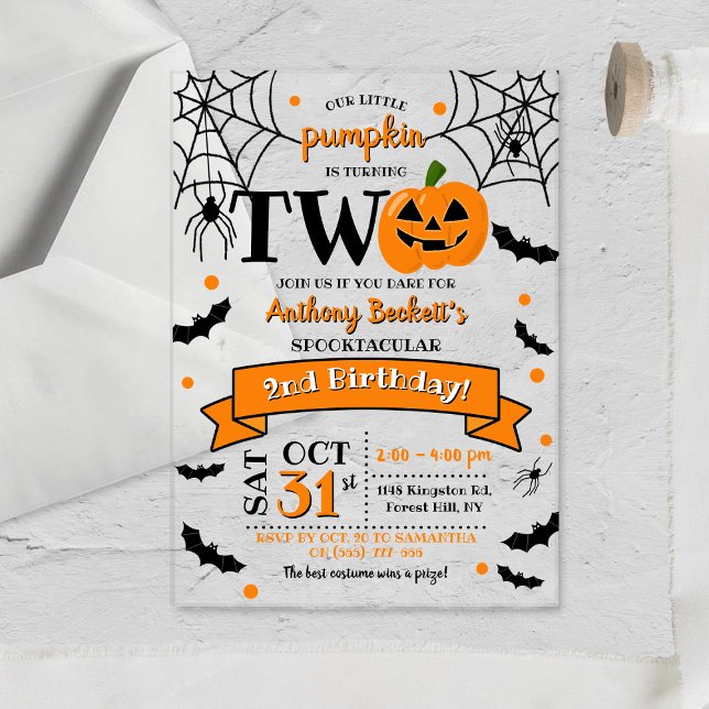 Little Pumpkin Turning Two Halloween 2nd Birthday Acrylic Invitations (Creator Uploaded)