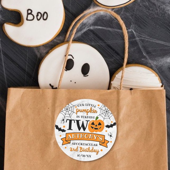 Little Pumpkin Turning Two Halloween 2nd Birthday Classic Round Sticker (Creator Uploaded)