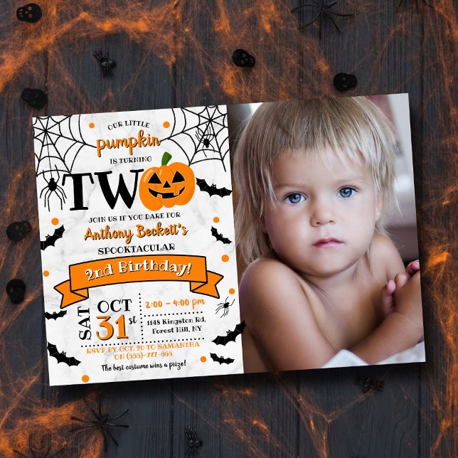Little Pumpkin Turning Two Halloween 2nd Birthday Invitation (Creator Uploaded)
