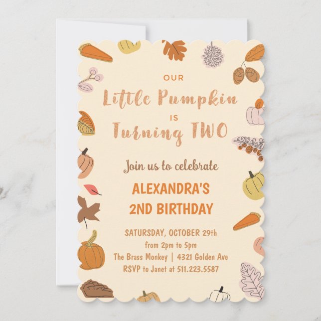 Little Pumpkin Turning two Halloween 2nd Birthday Invitation (Front)