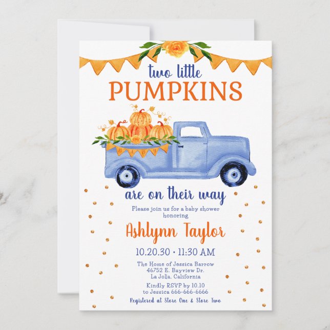 Little Pumpkin Twin Boy Baby Shower Invitation (Front)