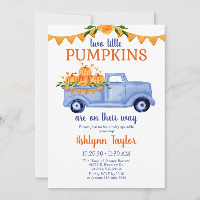 Little Pumpkin Twin Boy Baby Sprinkle All In One Invitation (Front)