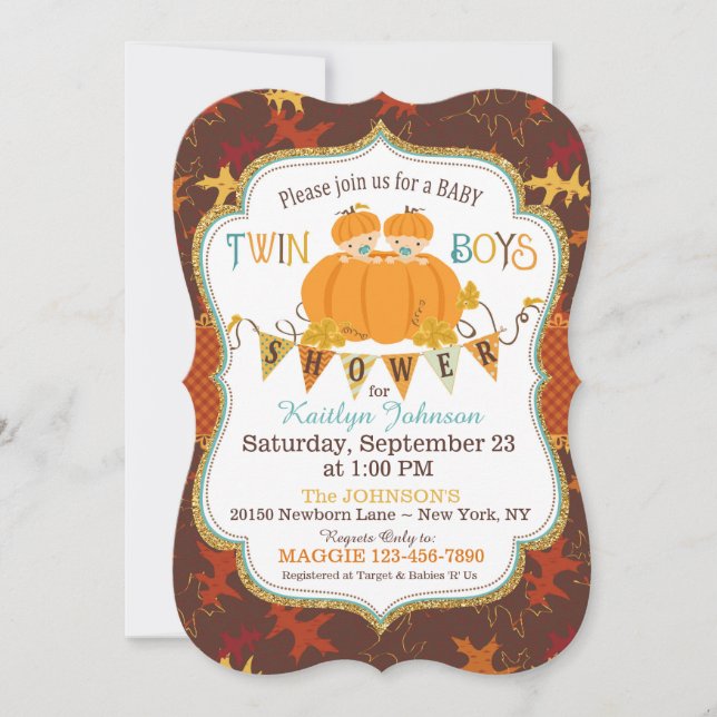 Little Pumpkin Twin Boys Fall Leaves Baby Shower Invitation (Front)