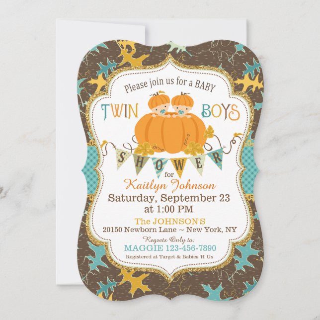 Little Pumpkin Twin Boys Fall Leaves Baby Shower Invitation (Front)