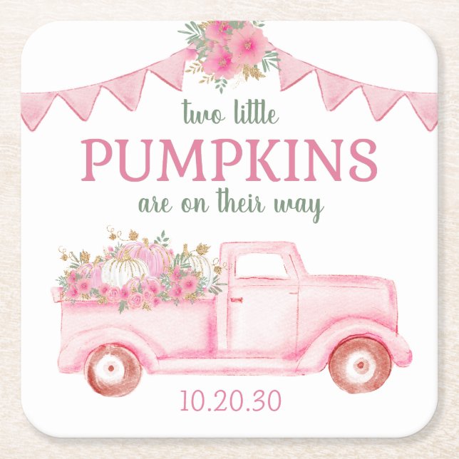 Little Pumpkin Twin Girl Baby Shower Square Paper Coaster (Front)