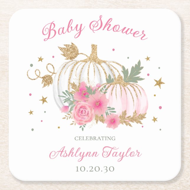 Little Pumpkin Twin Girl Baby Shower Square Paper Coaster (Front)