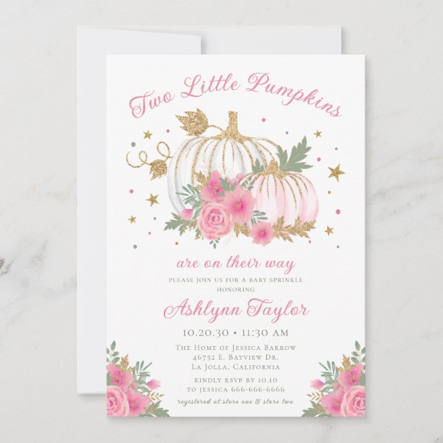 Little Pumpkin Twin Girl Baby Sprinkle Invitation (Front)