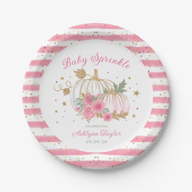 Little Pumpkin Twin Girl Baby Sprinkle Paper Plate (Front)