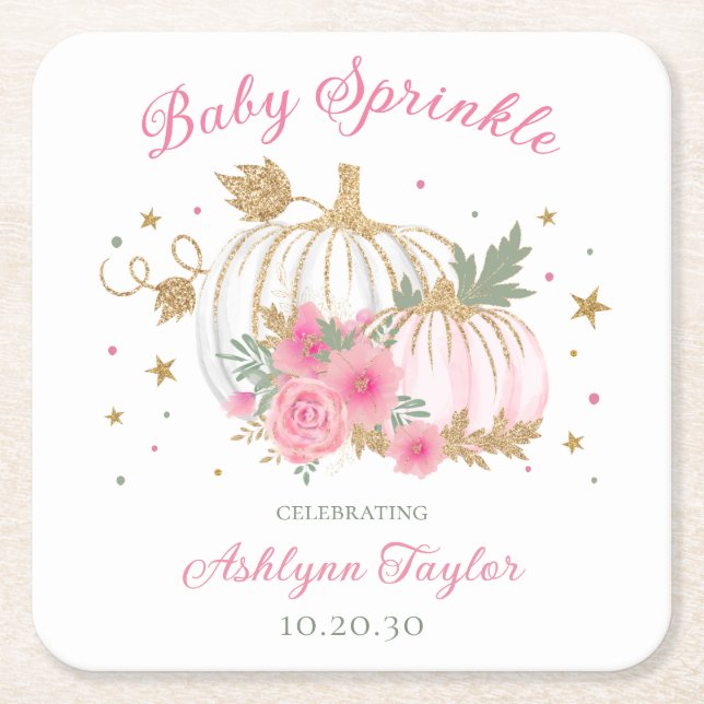 Little Pumpkin Twin Girl Baby Sprinkle Square Paper Coaster (Front)