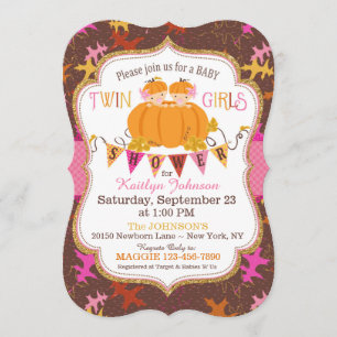 Little Pumpkin Twin Girls Fall Leaves Baby Shower Invitation