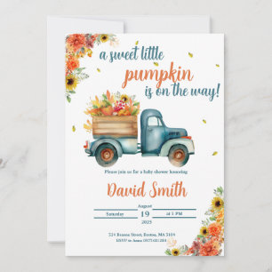 Little Pumpkin Vintage Blue Truck & Fall Floral Invitation