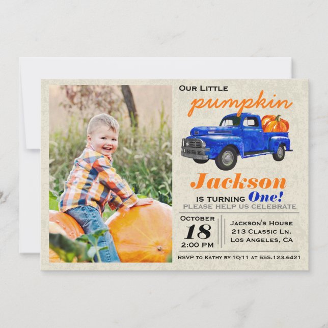 Little Pumpkin Vintage Car Boy Birthday Invitation (Front)