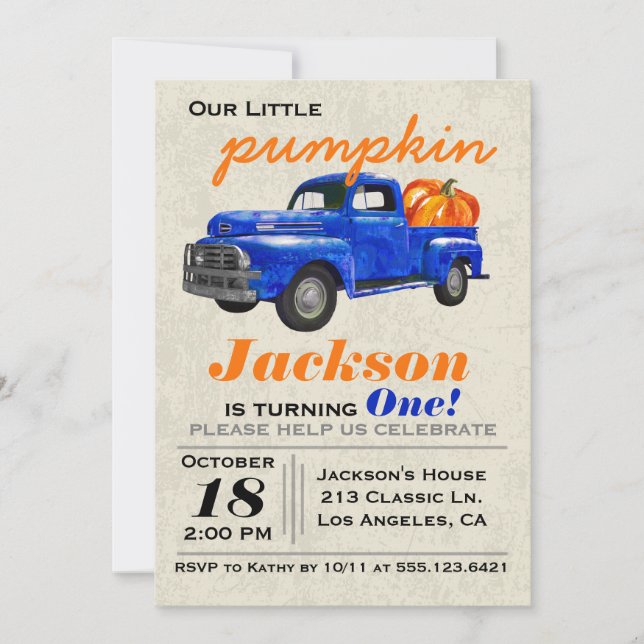 Little Pumpkin Vintage Car Boy Birthday Invitation (Front)