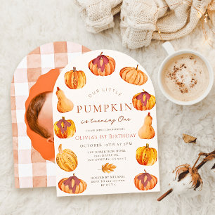Little Pumpkin Watercolor Arch Photo 1st Birthday Invitation