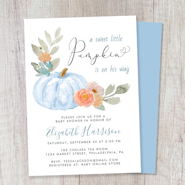 Little Pumpkin Watercolor Baby Boy Shower Invitation (Celebrate the upcoming arrival of your sweet little autumn baby with a pumpkin-themed baby shower)