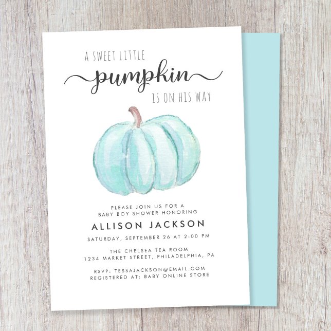 Little Pumpkin Watercolor Baby Boy Shower Invitation (Celebrate the upcoming arrival of your autumn baby boy with a pumpkin-themed baby shower)