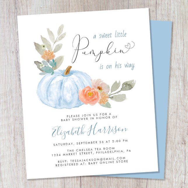 Little Pumpkin Watercolor Baby Boy Shower Invite (Celebrate the upcoming arrival of your sweet little autumn baby with a pumpkin-themed baby shower)