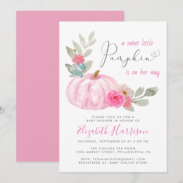 Little Pumpkin Watercolor Baby Girl Shower Invitation (Front/Back)