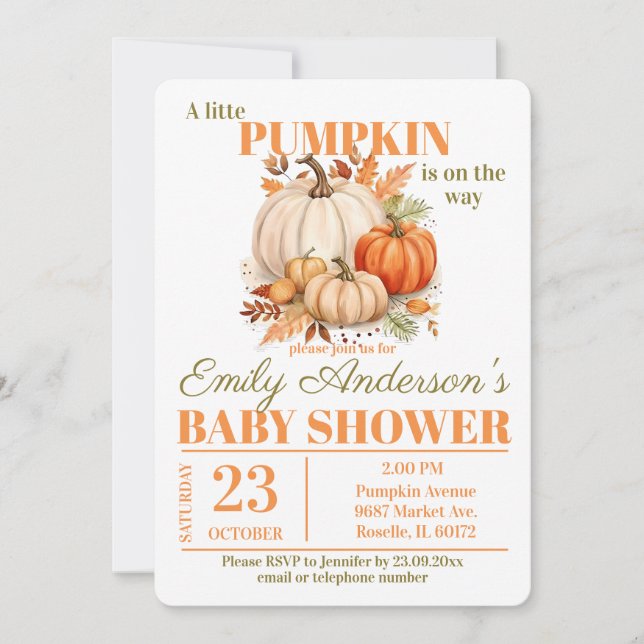 Little Pumpkin Watercolor Baby Shower  Invitation (Front)